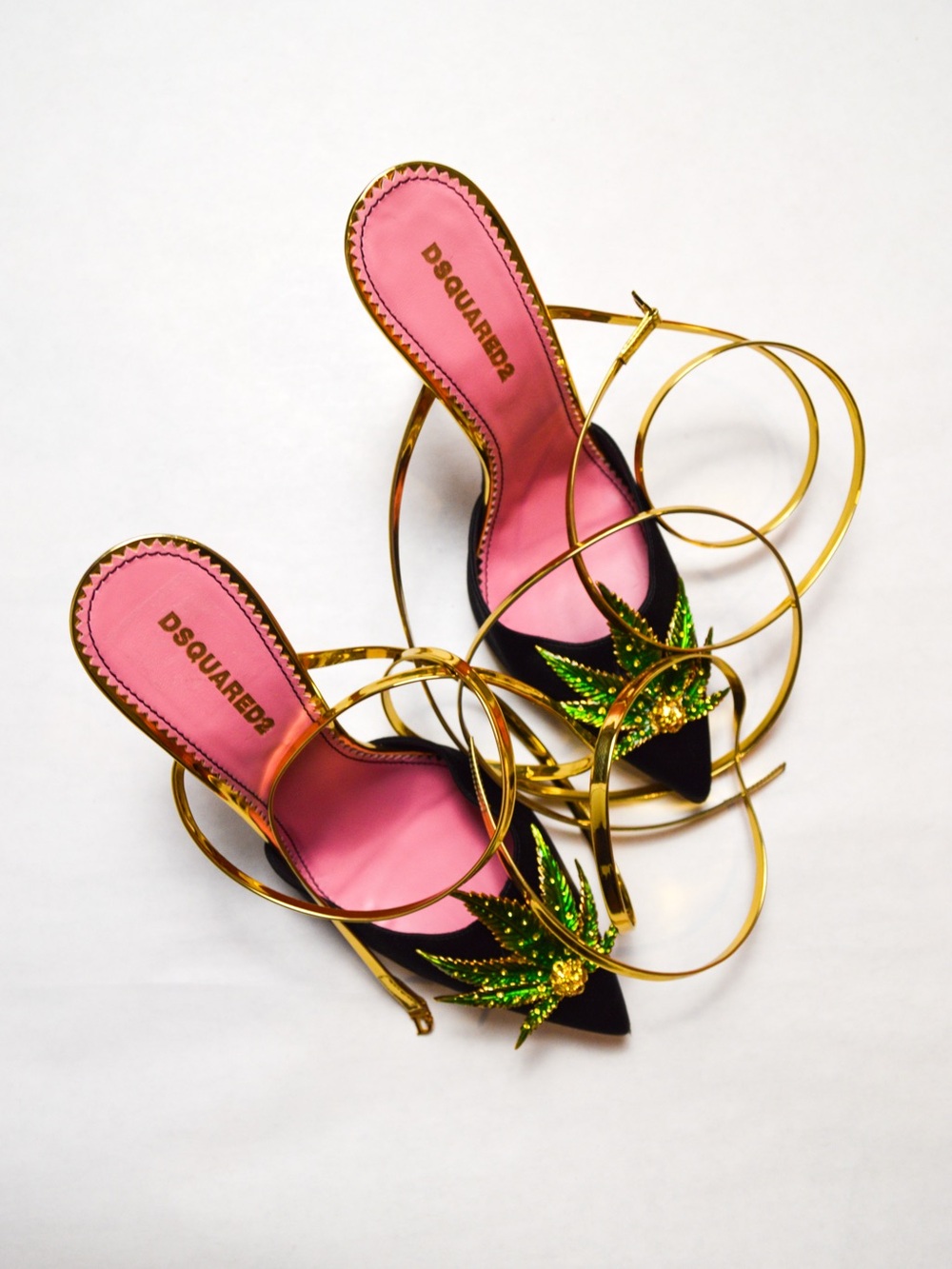 DSQUARED2 Maryjane Pointed Heels with Gold Straps and Green marija Embellishment